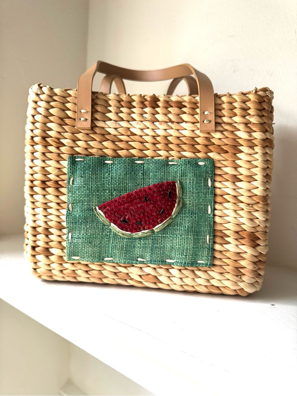 Amanda Smith Woven Straw Tote with Beaded Watermelon Patch - Natural/Tan